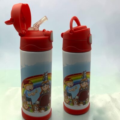 Bouteille d'enfant rouge, avec dessin enfant et arc-en-ciel